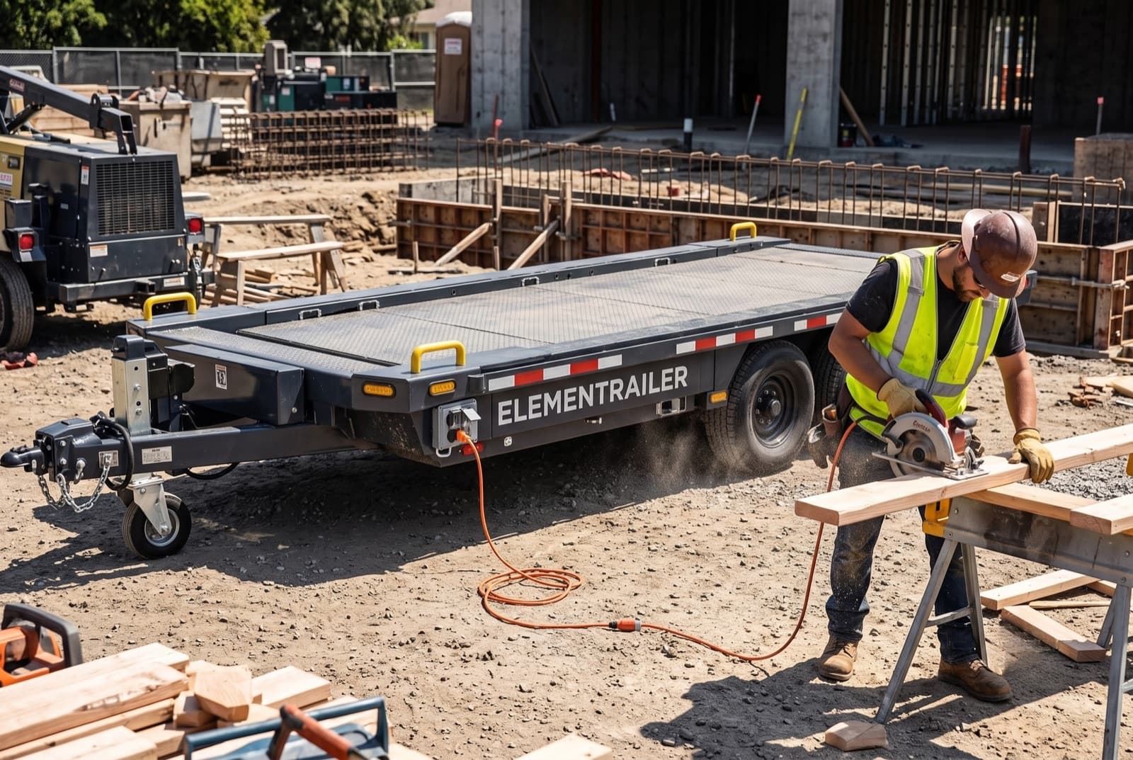 Carpenter cutting lumber with a circular saw plugged into an Elementrailer's onboard outlets at a construction site