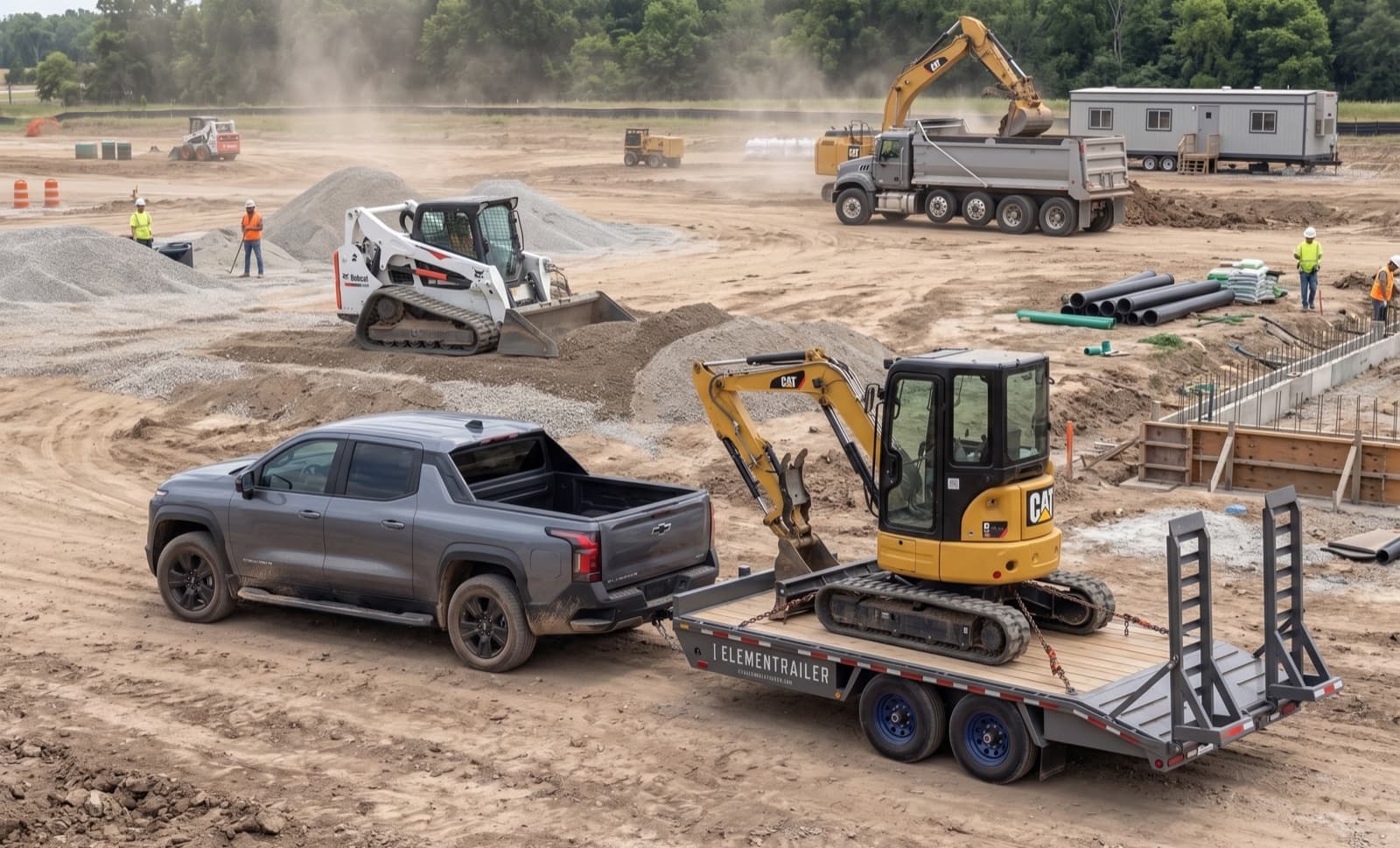 Electric pickup towing an Elementrailer flatbed carrying a mini excavator across a jobsite