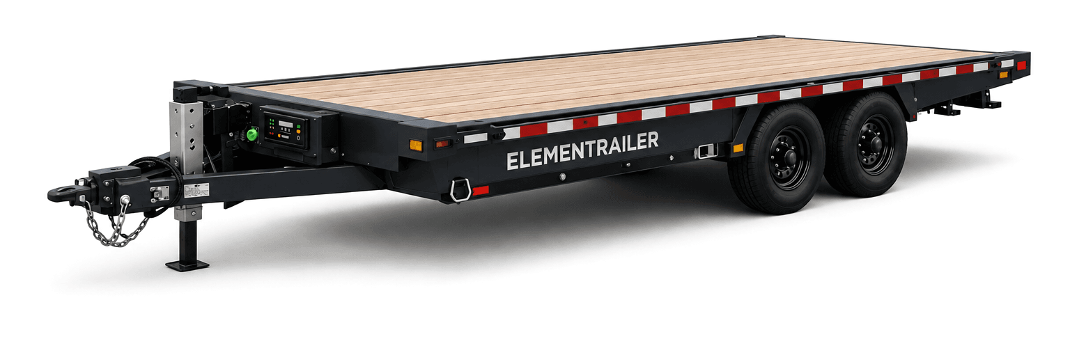 Elementrailer flatbed trailer with its onboard power panel on the deck rail, studio render