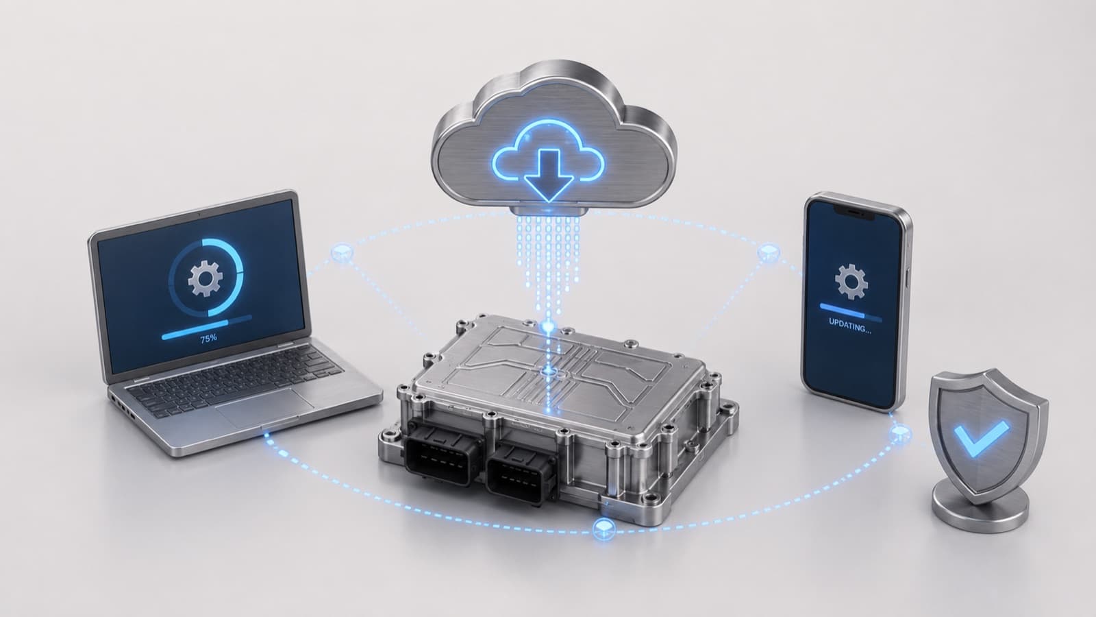 Trailer control module receiving an over-the-air update from the cloud, with progress shown on a laptop and phone