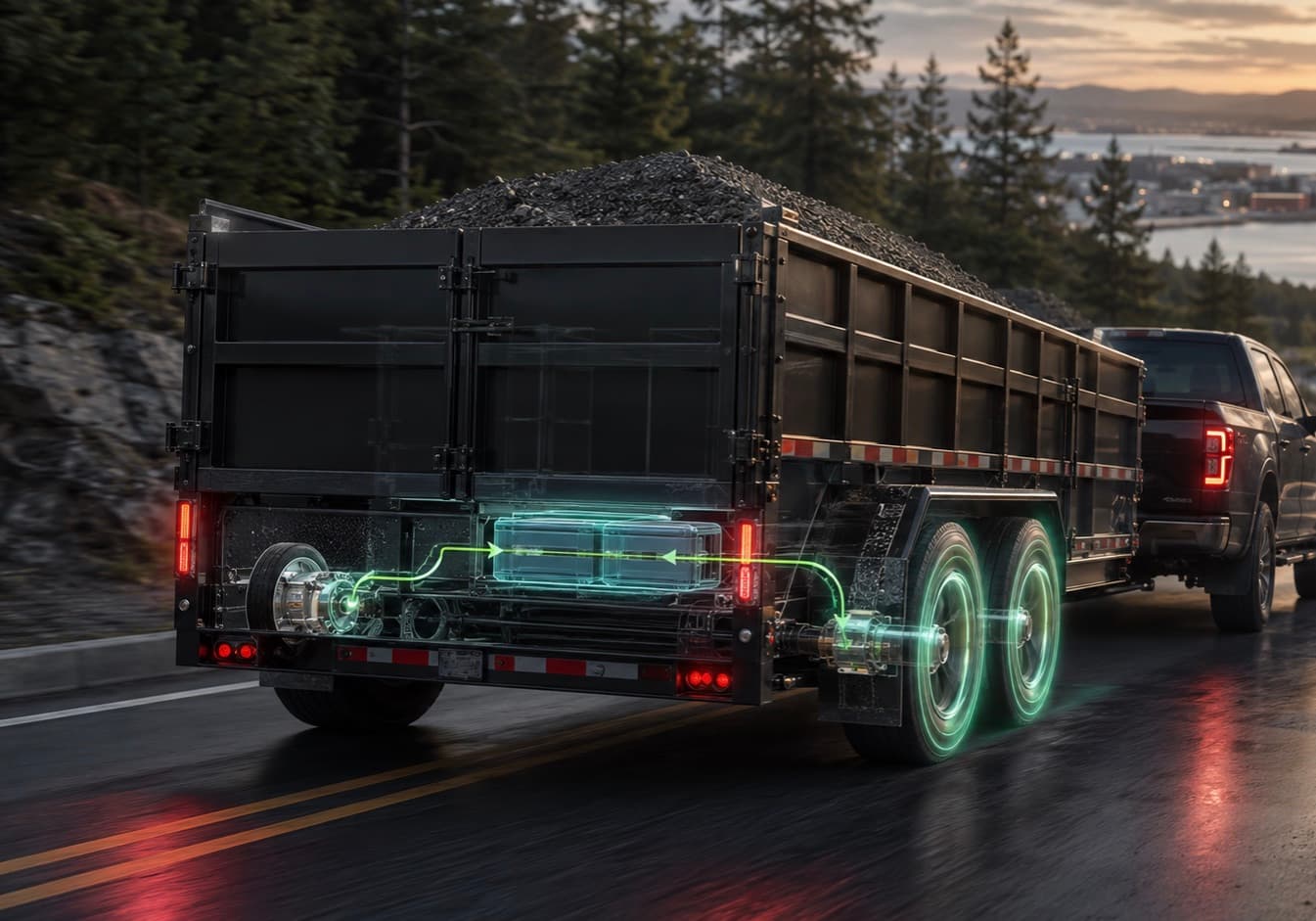 Loaded trailer on a downhill grade with energy flowing from the wheels back to the battery under braking
