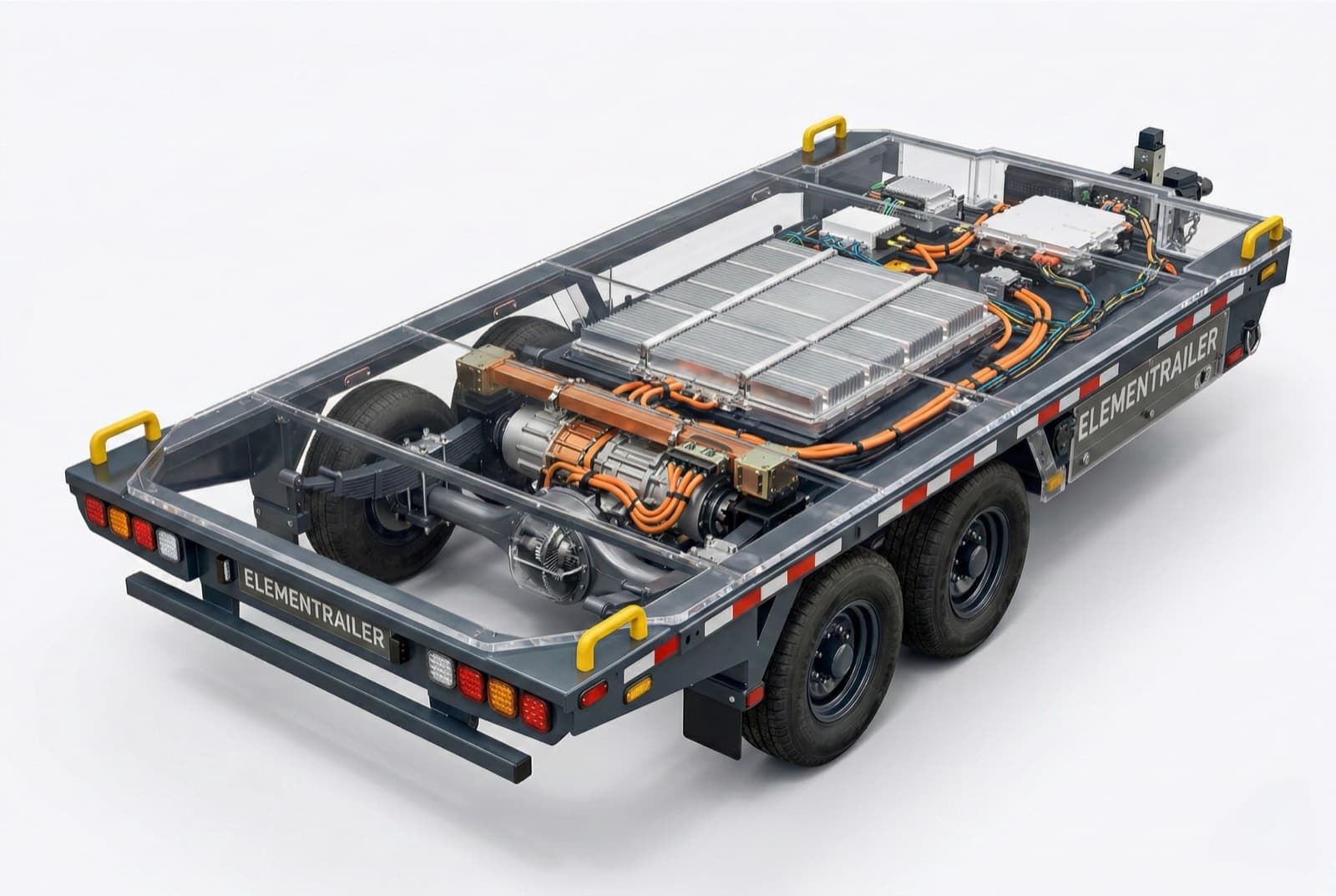 Transparent Elementrailer chassis render showing the battery pack mounted low and centered between the axles