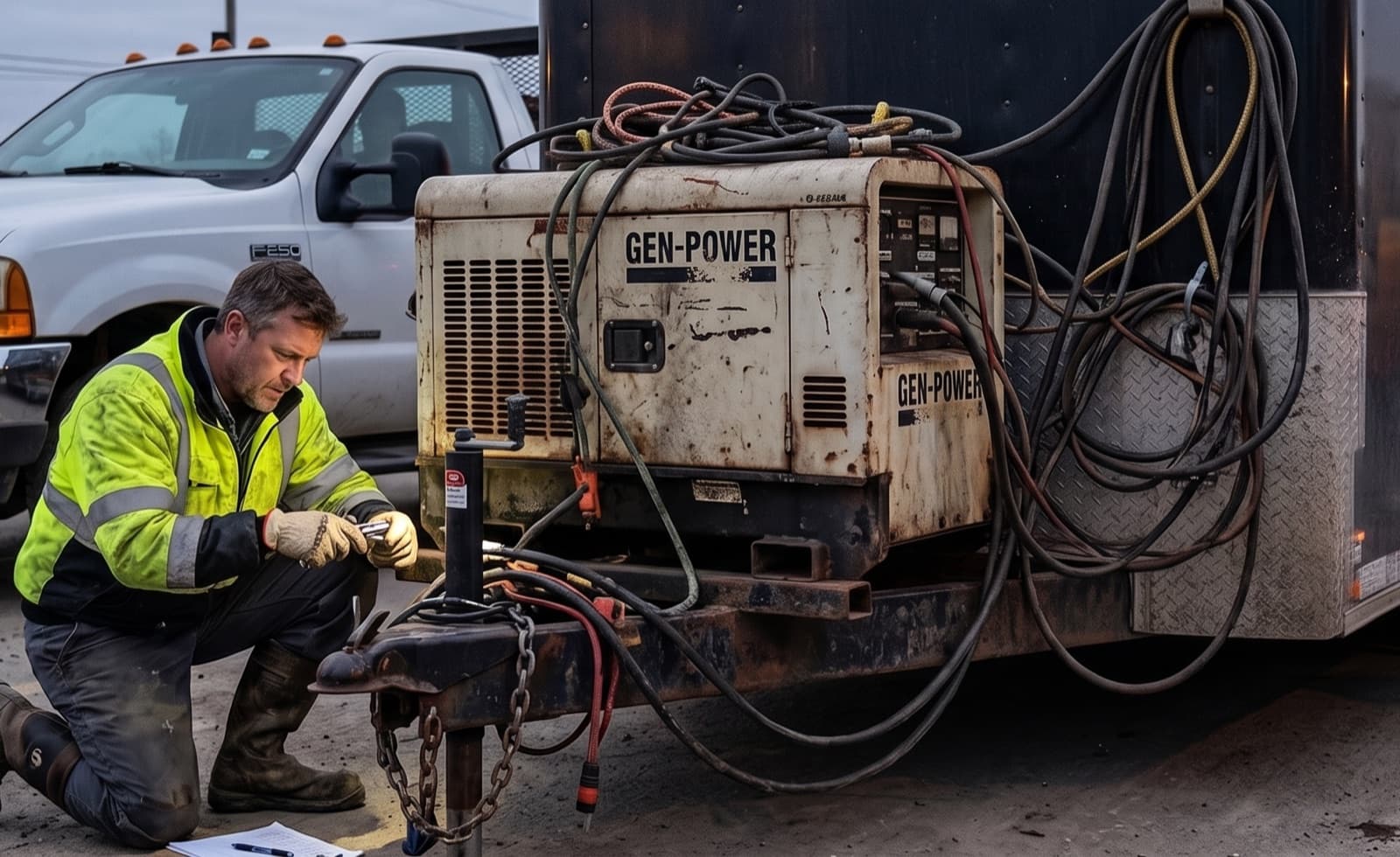 Crew member kneeling at a trailer hitch to service a worn diesel generator tangled in cords