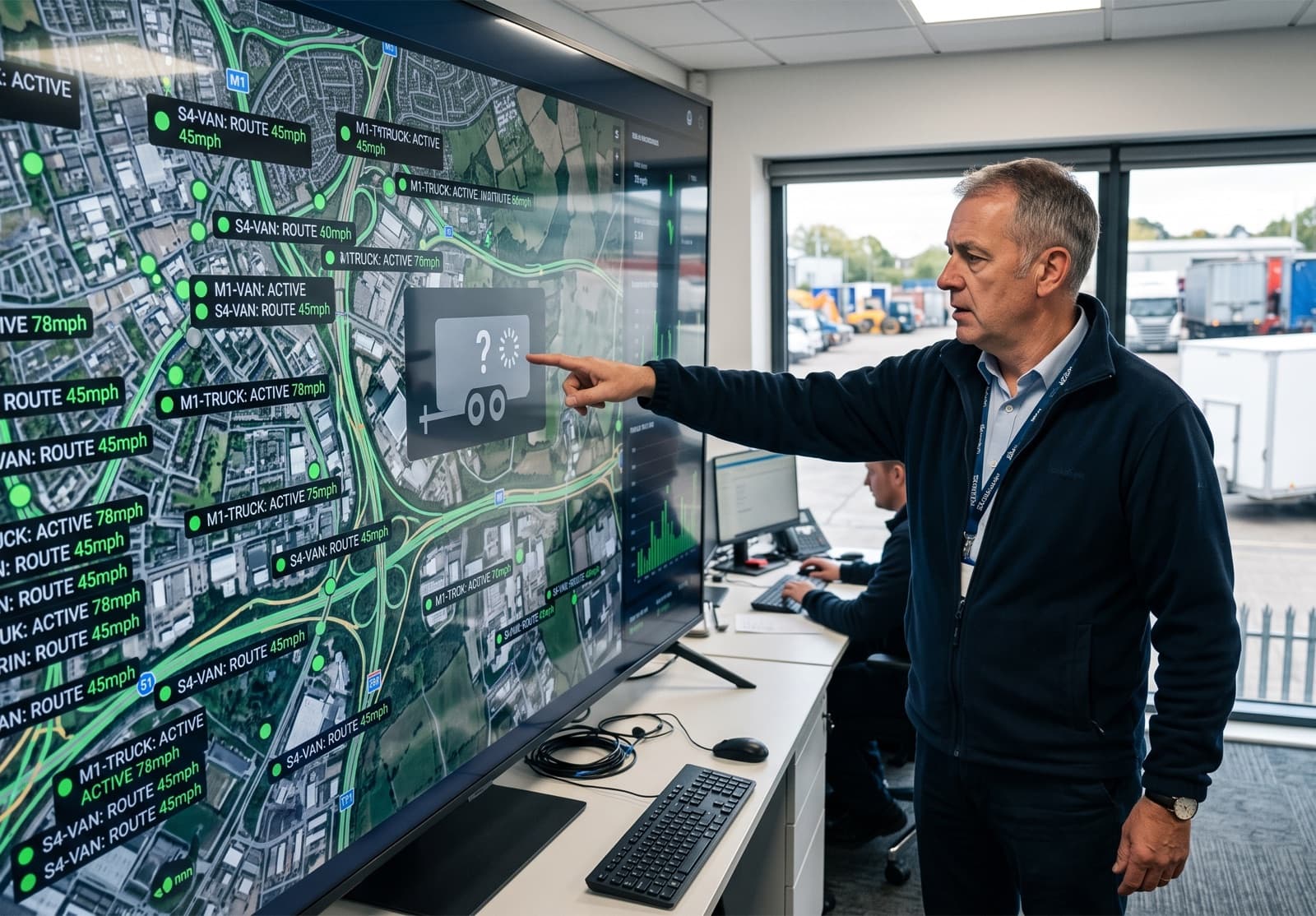 Fleet manager pointing at a wall map of live vehicle trackers where the trailer shows only a question mark